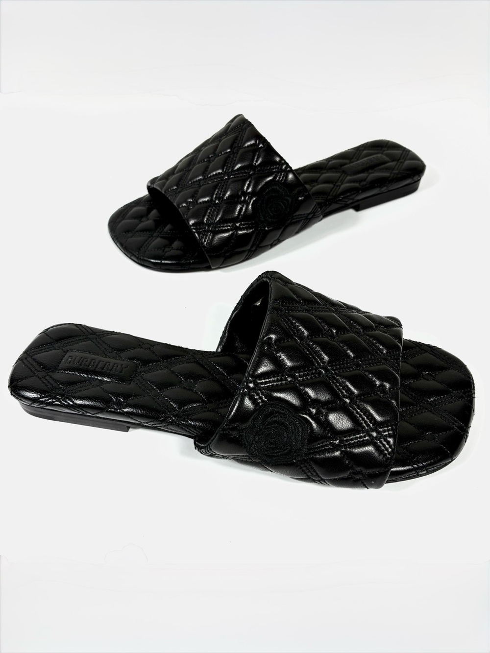 Burberry Quilted Leather Slide Sandals Black 36 NEW Classic Logo Lambskin Nappa
